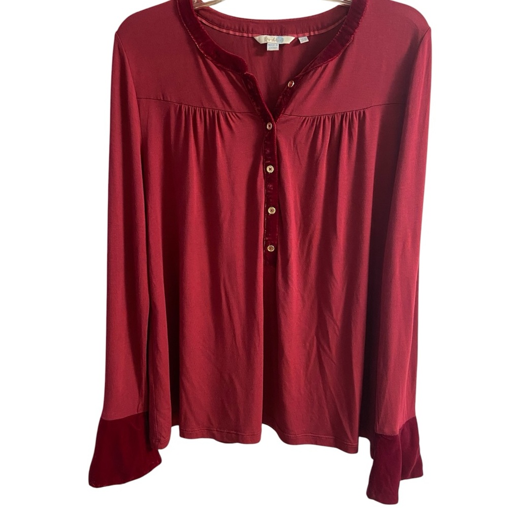 Boden Women's Burgundy Button-Front Long-Sleeve Velvet-Trim Blouse Sz 10